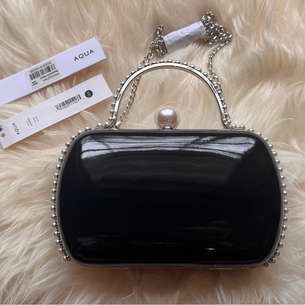 NWT Aqua Black Clutch with Pearl and Silver Details